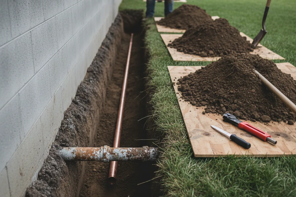 Excavated water line trench during Water Softener Installation in Pewee Valley